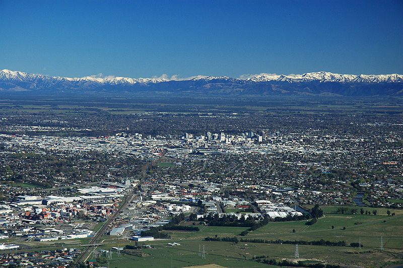 Christchurch City from the Port Hills with the Southern Alps in the distance